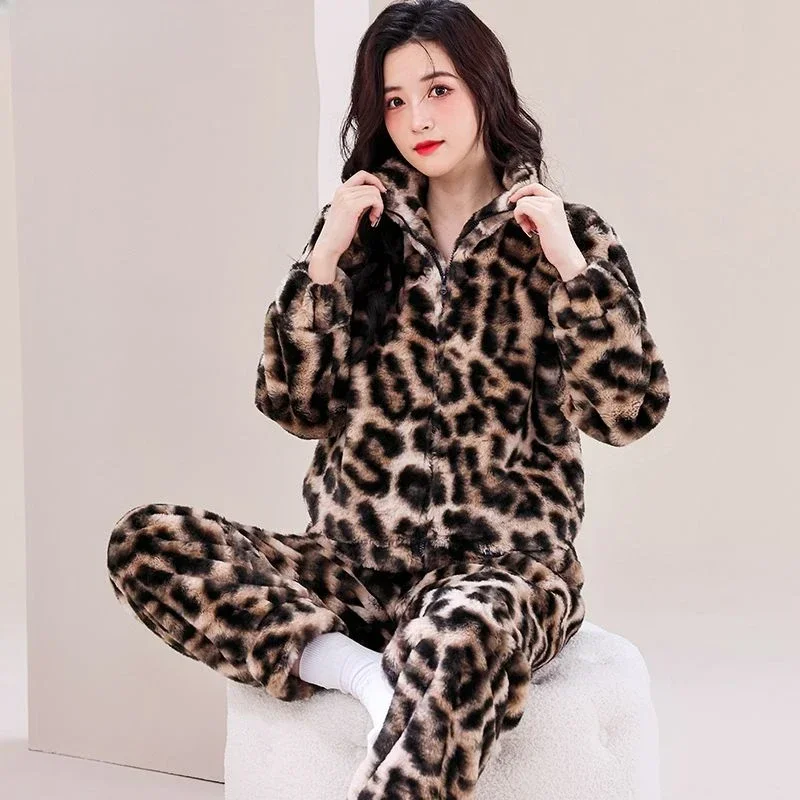 Women Pajamas Autumn Winter Thick Big Size Nightgown Warm Sleepwear Set Female Fashion Leopard Print Stand Collar Homewear Suit