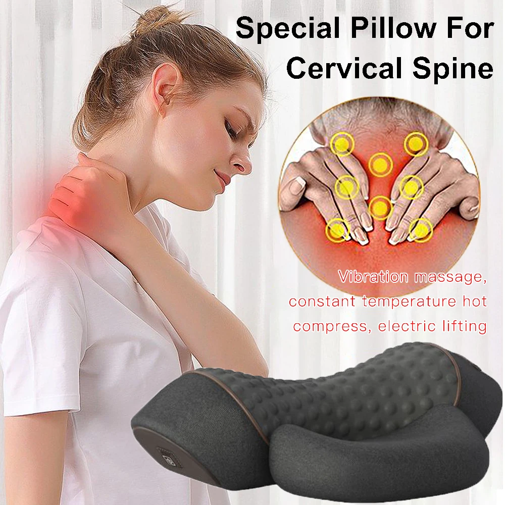 Electric Massage Pillow Vibration Hot Compress Cervical Massager Spinal Traction Device Shoulder Neck Massage Pillow Health Care