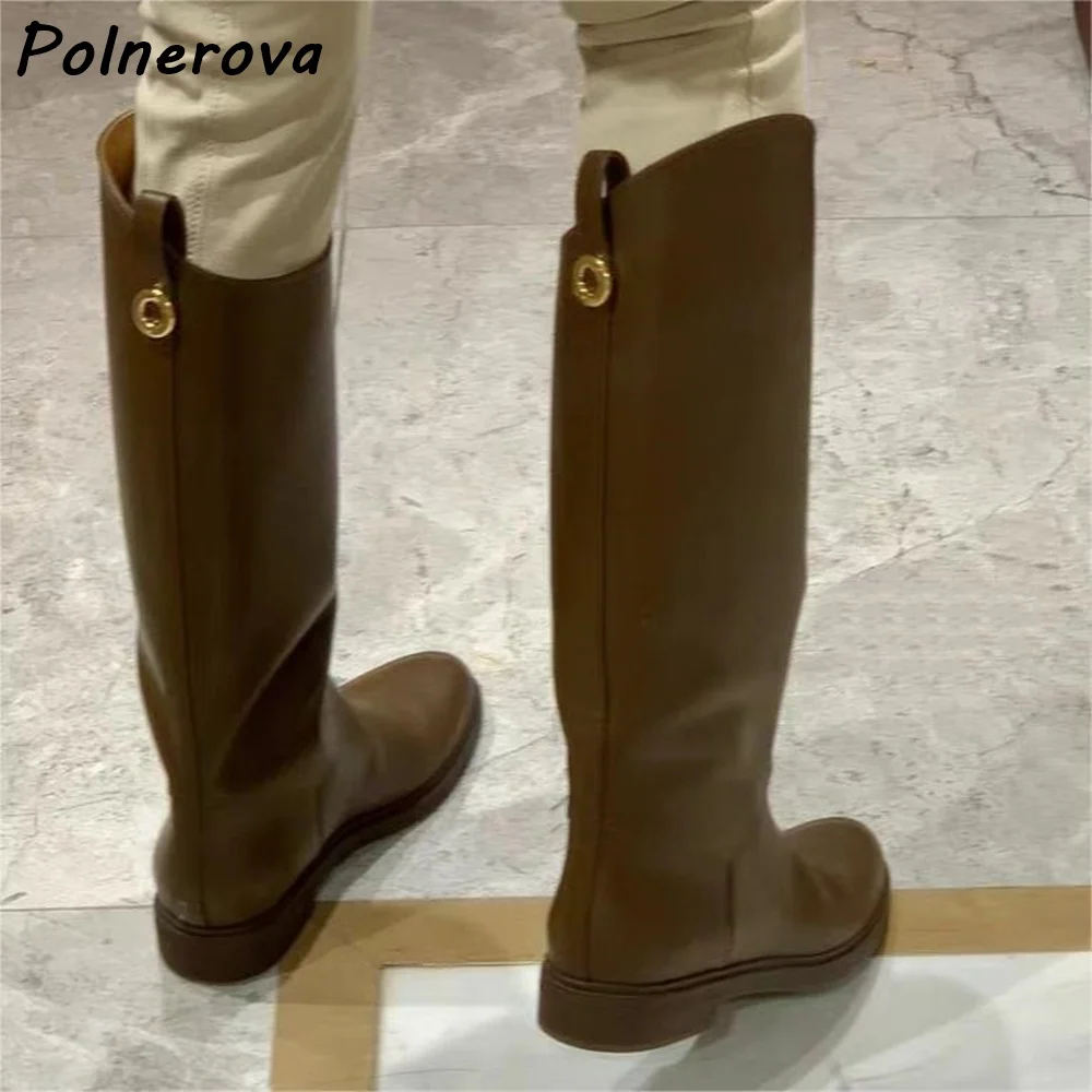 

Flat Metal Ring Knee High Boots Round Toe Solid Black Brown Slip On Leather Knight Boots Winter Concise Warm Fashion Shoes