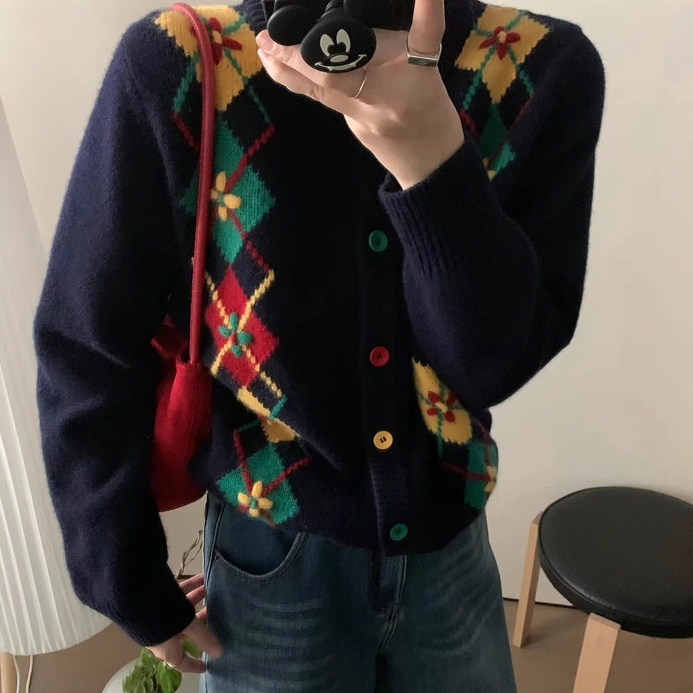 

Кардиган в корейском стиле с ретро-узором, винтажный вязаный свитер с цветочной сеткой и открытой передней частью на осень-зиму, простой дизайн