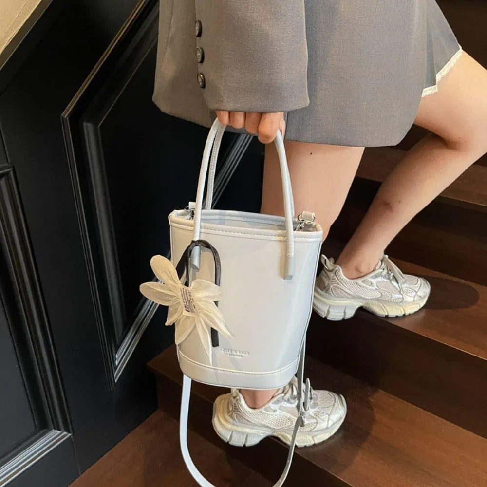 

Casual Pu Leather Flower Bucket Bag Elegant Large Capacity Women's Handbag Solid Color with Pendant Crossbody Bag Women