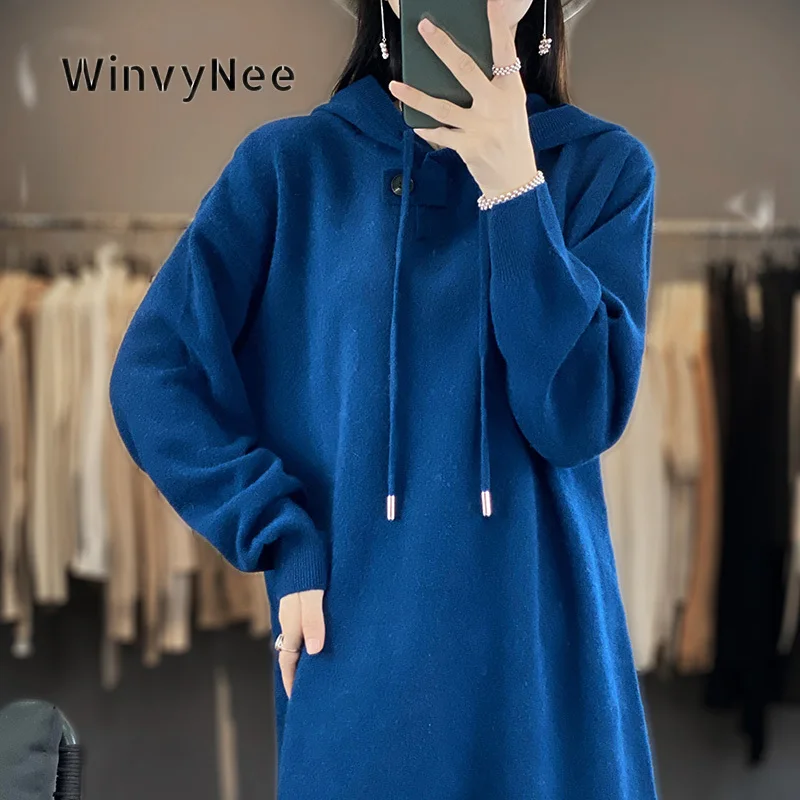 WinvyNee Womens Hooded Long Knit Pullovers Warm 100% Wool Half Button Drawstring Loose Chic Cold Winter Daily Apparel A1853009