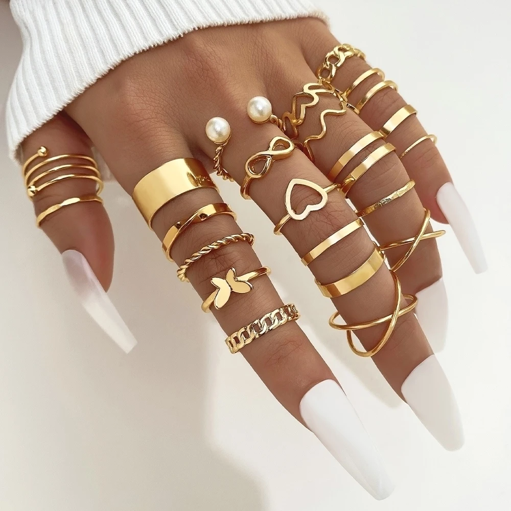 Modyle Boho Gold Color Heart Rings Set For Women Vintage Geometric Cross Pearl Butterfly Finger Rings Female Trendy Jewelry Gift