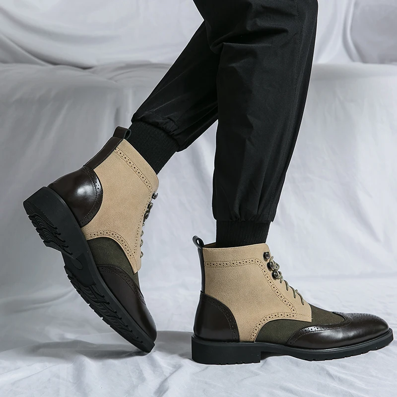 Retro Black High Top Men's Brogue Shoes Pointed-Toe Lace-Up Leather Boots Comfortable Dress Boots for Men 2025 Botas Para Hombre - view 5