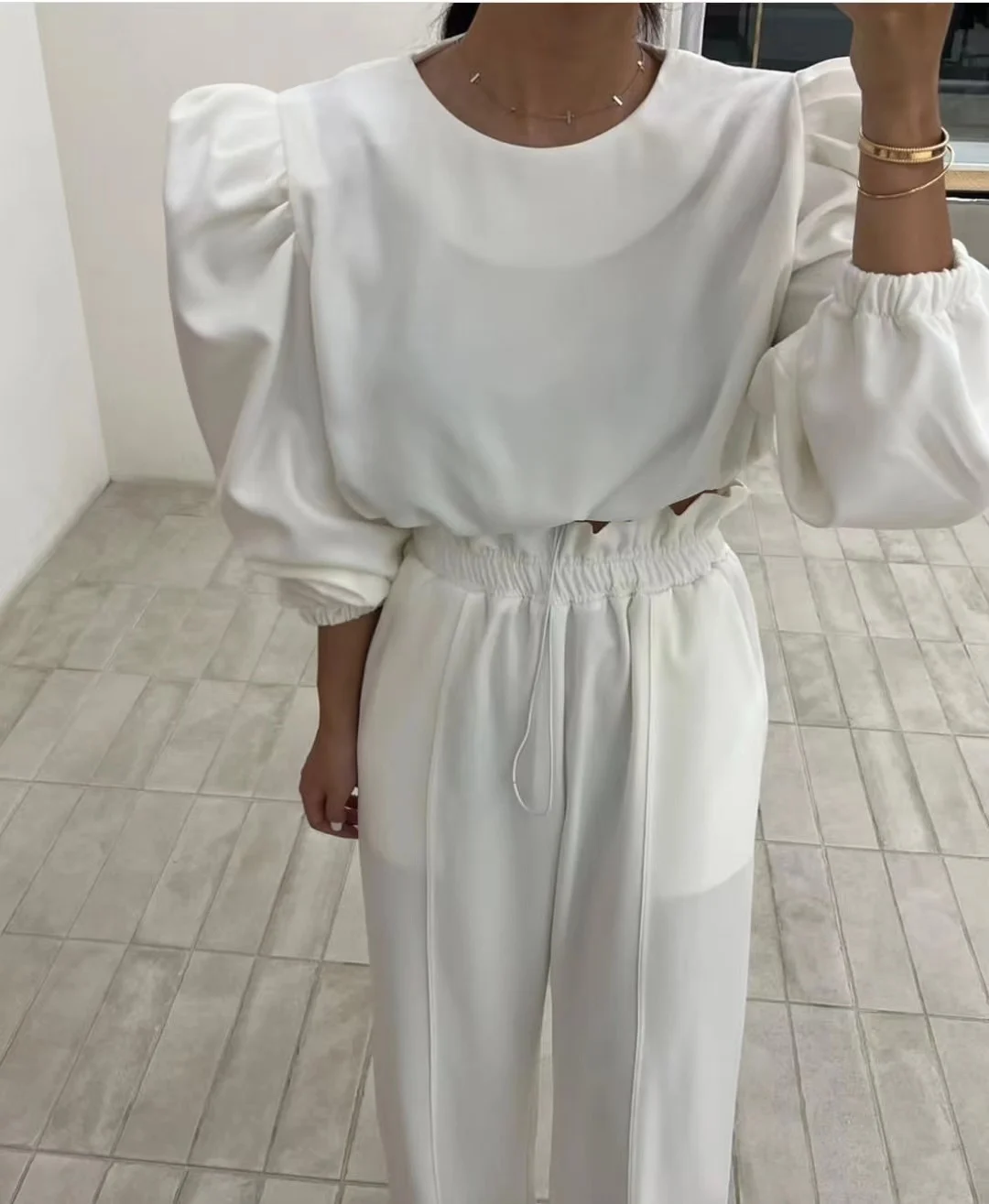 

Women's Bubble Sleeve Hoodie High Waist Straight Leg Pants Set round Neck Loose Trousers with Drawstring Slimming Effect