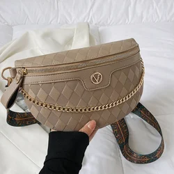 Elegant Diamond Lattice PU Leather Chain Waist Bag For Women Stylish Waist Pack Female Fanny Pack Wide Strap Crossbody Chest Bag