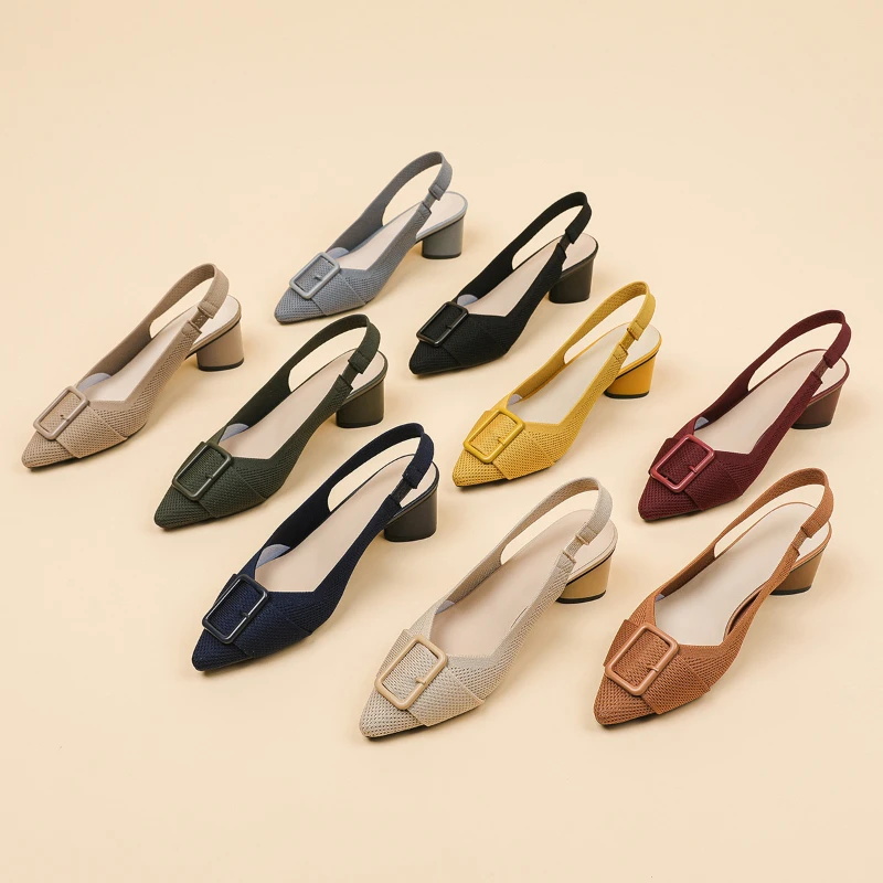 

Womens Pointed Toe Knit Hollow Sandals Breathable Buckle Design Block Heel High Heel Elegant Comfortable Casual Daily Fashion