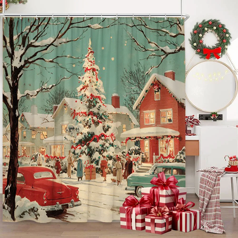1pc 2D Flat Vintage Snow Village Christmas Shower Curtain, Red House Car Scene, Holiday Bathroom Decor