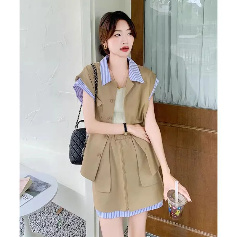 

Женская одежда, летние летние повседневные женские рубашки на пуговицах, цветные блокирующие искусственные универсальные тонкие шорты из двух предметов, комплект из двух предметов, костюм