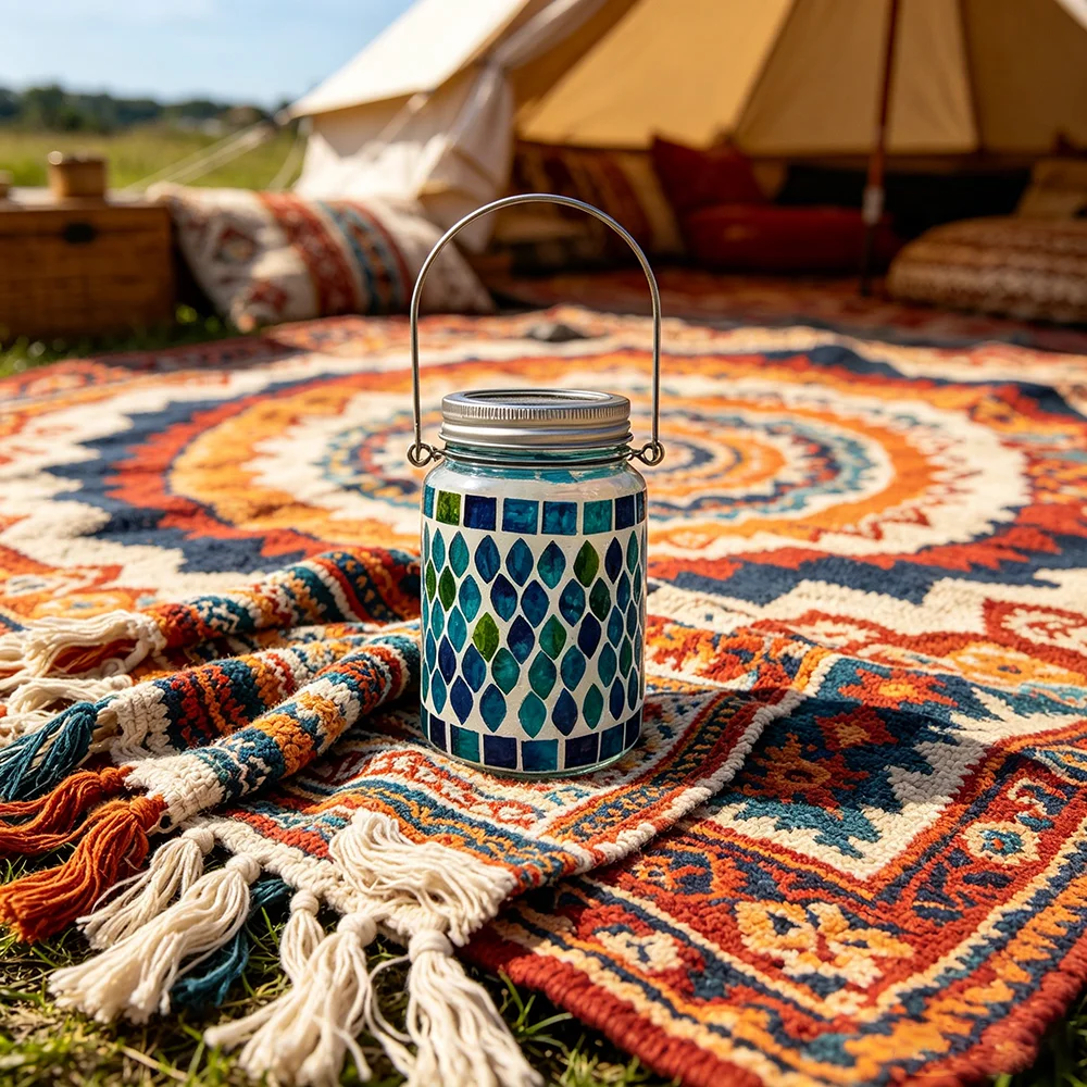 Bohemian Mosaic Solar Hanging Light, Blue-green Gradient Glass Solar Courtyard Light Moroccan Mason Jar Projection Ambient Light