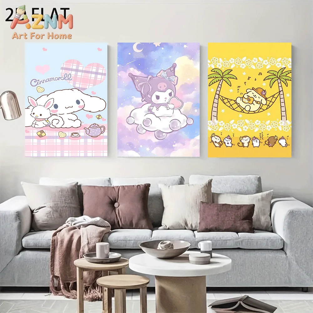 AZNM Sanrio Cinnamoroll Kuromi Pompompurin Canvas Wall Art Unframed Cute Cartoon Dreamy Cloud Beach Scene Print Painting Girls B