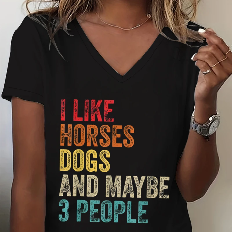 I Like Horses Dogs and Maybe 3 People T-shirt Women Horse Lover Vintage T Shirts Gift for Horse Owner Letter Print Retro Tee Top