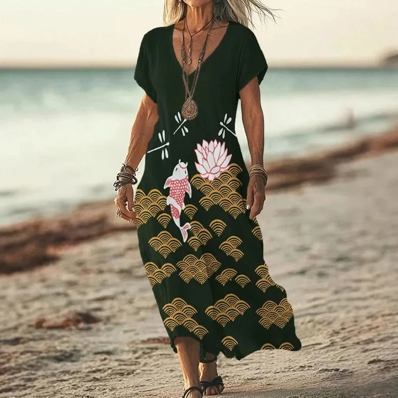 Japanese Style Koi Fish Dragonfly Wave Art Print V-neck Dress 3D Printed Casual V-neck Dress Female Dresses