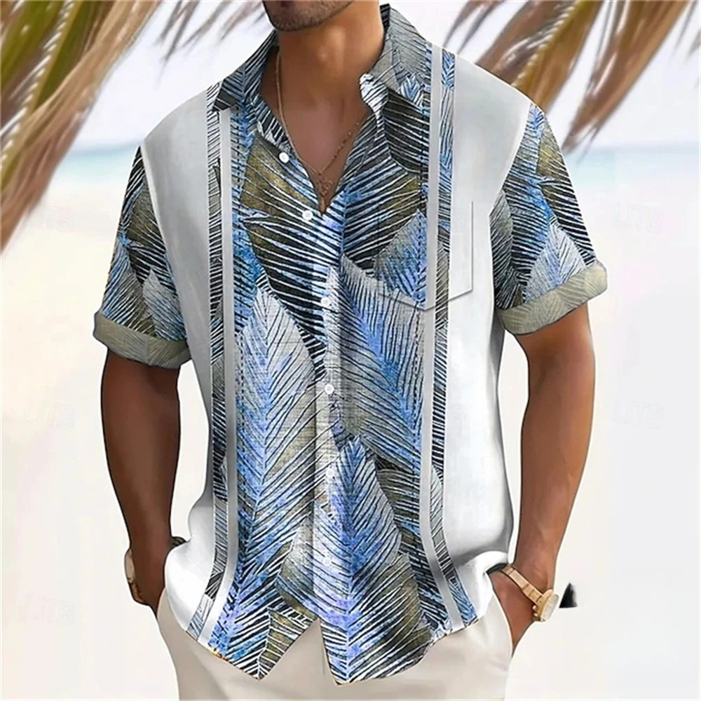 Hawaiian Stripe with Palm Leaf Print Fashion Men's Shirt Summer Beach Shirts Oversized Men's Clothingtrendy Short Sleeve Blouse
