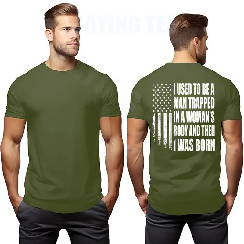 Ich war ein Mann, der in einem Frauenkörper gefangen war, und dann wurde ich geboren. Lustiges T-Shirt mit Y2K-Design, US-Flagge und patriotischem Spruch, Herrenbekleidung. – Detail 13