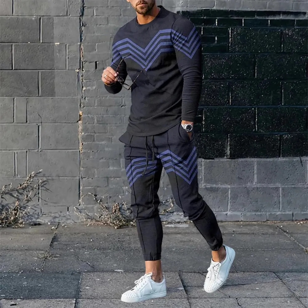 Autumn Fashion Lattice 3D Print Men Sportswear Set Casual Long-Sleeved T Shirt Pants 2-Piece Set Oversized Pullover Men Clothing