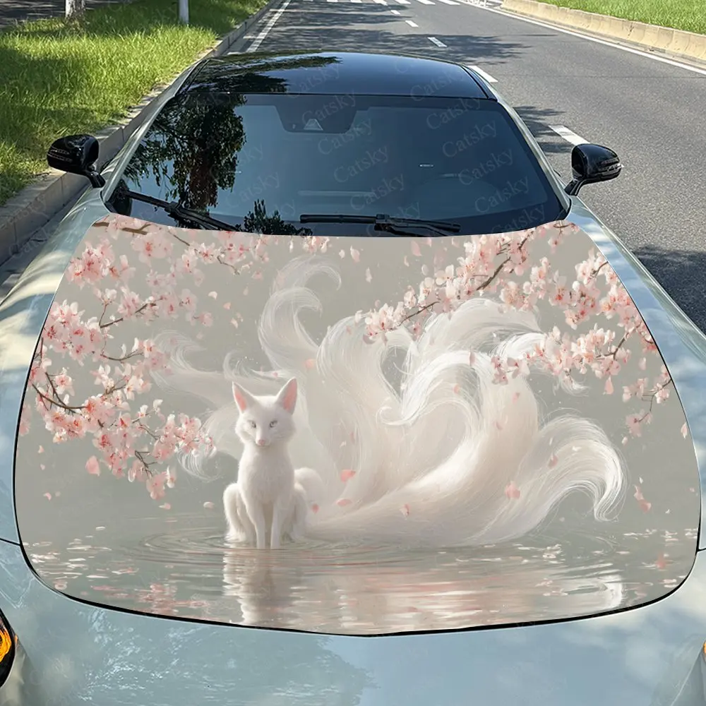 Stream Side Spirit Fox Car Vinyl Wrap, PVC Waterproof Car Hood Sticker, Self-Adhesive Scratch-Resistant Stickers