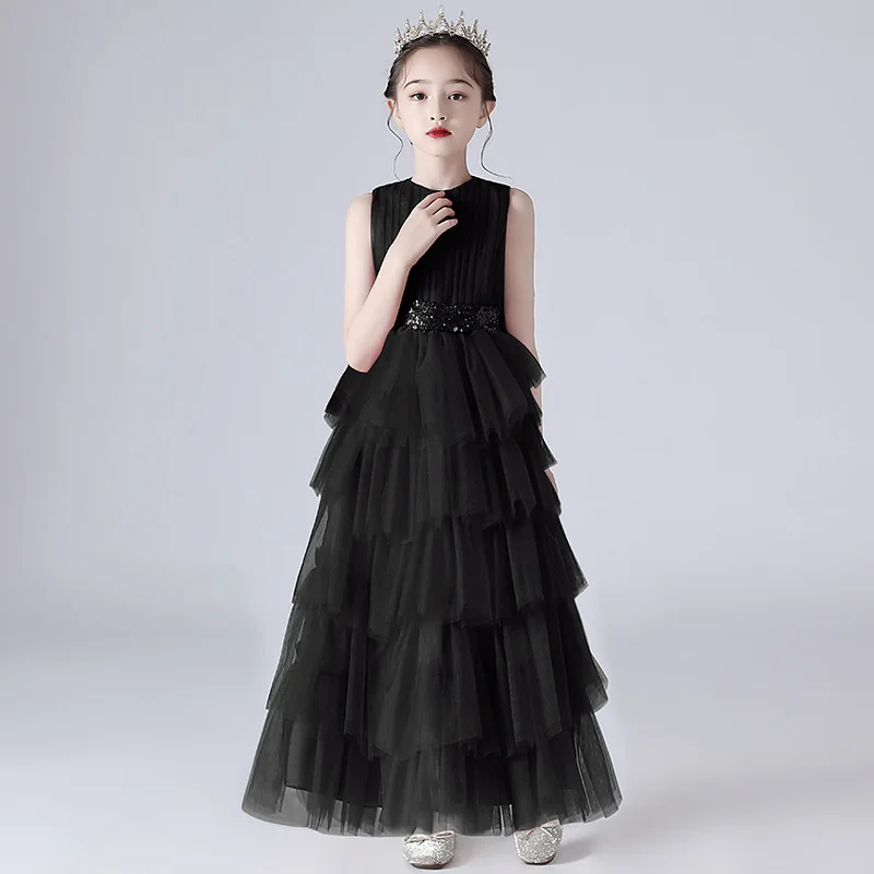 

1-12 years white Girls party dresses red host princess light luxury piano performance clothes black evening dress