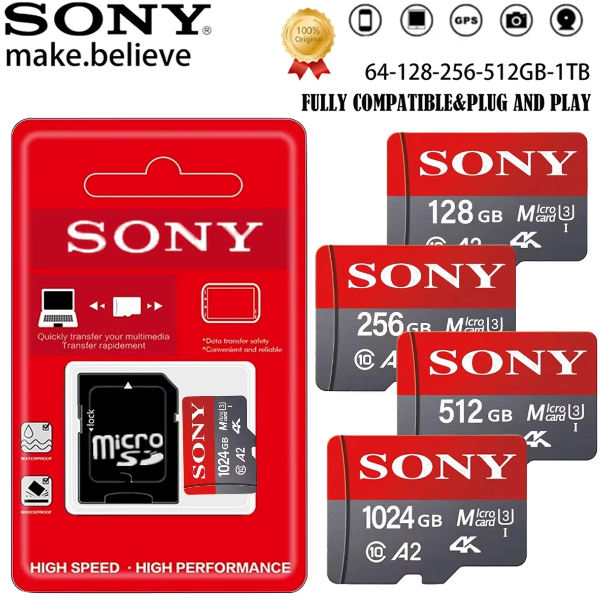بطاقة Sony V60 عالية السرعة Micro SD (1 تيرابايت، 512 جيجابايت، 256 جيجابايت، 128 جيجابايت) متوافقة مع Kinect، Xbox 360، Xbox One، Xbox Games، Nintendo