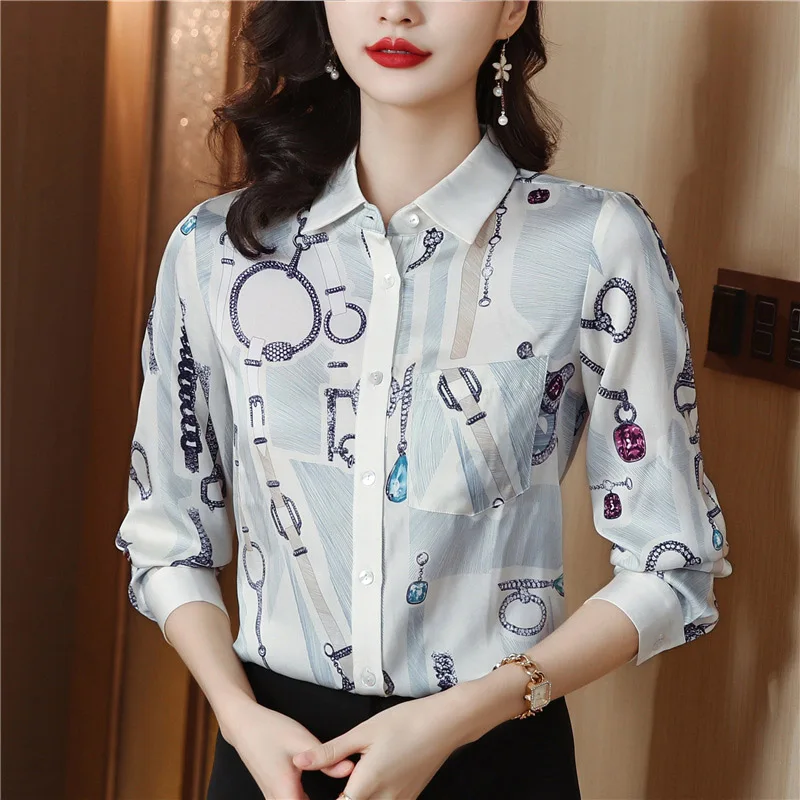 Women Clothing Chic Printed Loose Elegant Shirt Office Lady Fashion Casual Simple Pocket Mulberry Silk Blouse Spring Button Tops