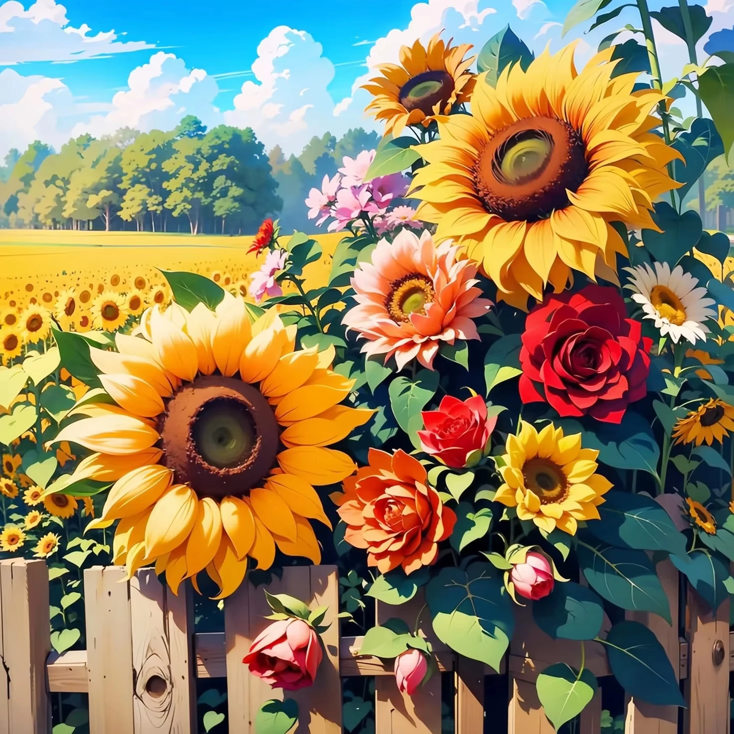 

DIY Anime Sunflower Field Fence Jigsaw Puzzle, Bright Yellow Floral Rose Daisy Countryside Home Decor Wall Hanging Gift