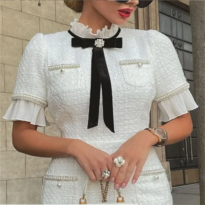 Women Elegant Delicate New Slim Round Neck Short Sleeves Bow Ruffle Hem Beaded Formal Fragrant Breeze White Dress