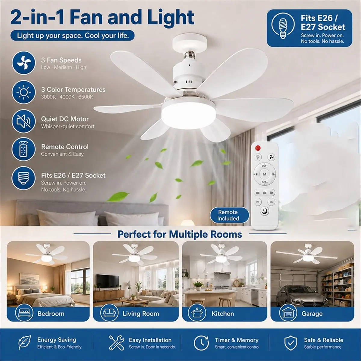A32I Base Home-Use Quietly Ceiling Fan with 40W LED Night Light Wireless Remote Stepless Dimming Smart Ceiling Fan Lights
