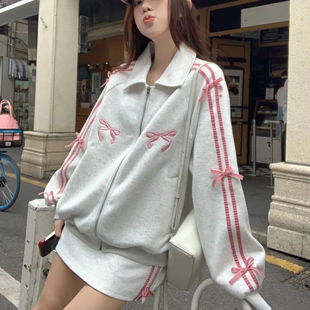 

Lapel Collar Long Sleeved Hooded Y2k Sweet Loose Embroidered Bow Jacket Korean Ins Clothing Autumn Zipper Coat Top Spring Autumn