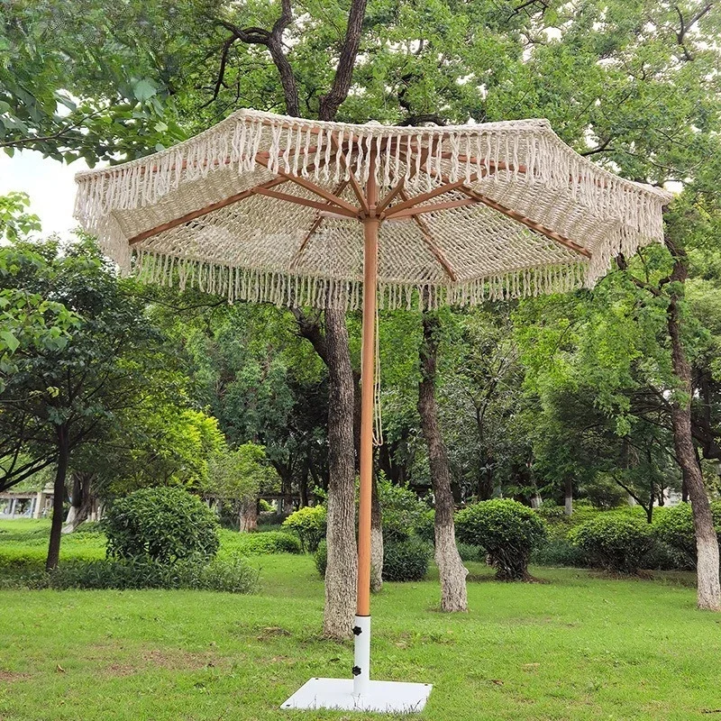 Great Prod.Woven Umbrella Fringed Aluminum Hollow Cotton Rope Middle Column Umbrella Beach Umbrella