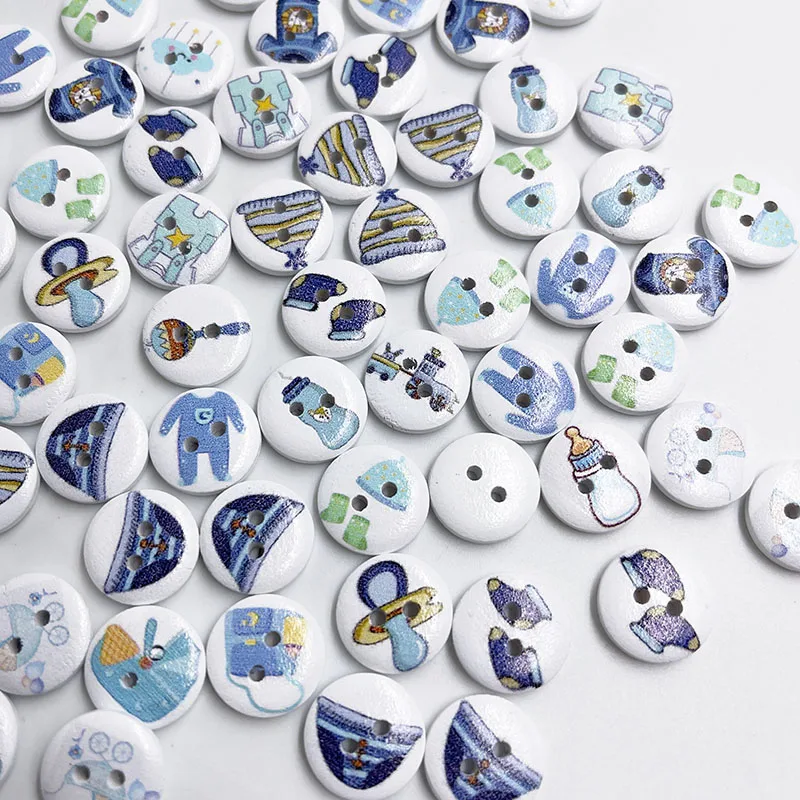 100PCs White Mixed Blue Baby Richly ound Wood Buttons Sewing Scrapbooking Clothing Craft Handwork Accessories 15mm WB918