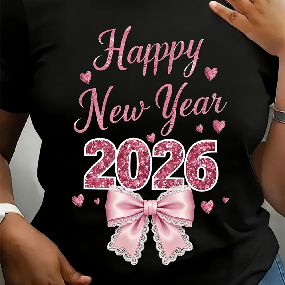 

Pink Bow Print Happy New Year T-shirt For Women Clothes Casual Daily Street Short Sleeve T Shirts Loose Fashion 2026 Year Tee
