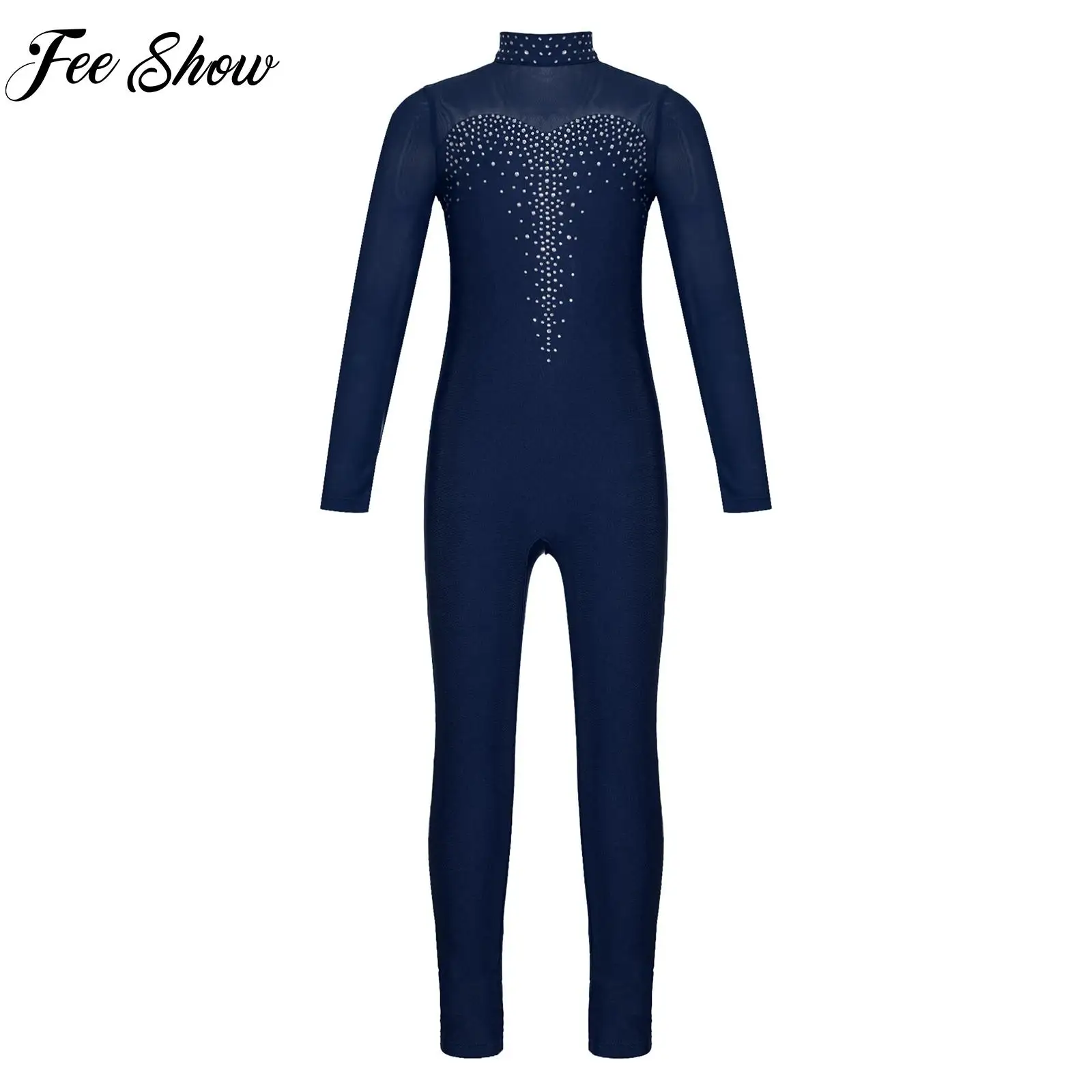 

Girls Figure Skating Performance Jumpsuit Ballet Dance Gymnastics Acrobatics Yoga Leotard Long Sleeve Shiny Sheer Mesh Bodysuit