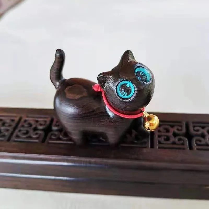 Green Sandalwood Eyed Curious Cat Figurine Black Sandalwood Carved Cat Cute Desktop Ornament Creative Gift For Men Women