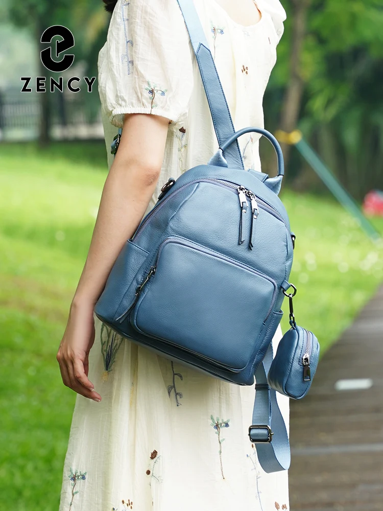 Zency Brown Genuine Leather Women's Backpack Knapsack Multi-pocket Shoulder Bag Cowhide Leather Rucksack with Zip Coin Bag Sac