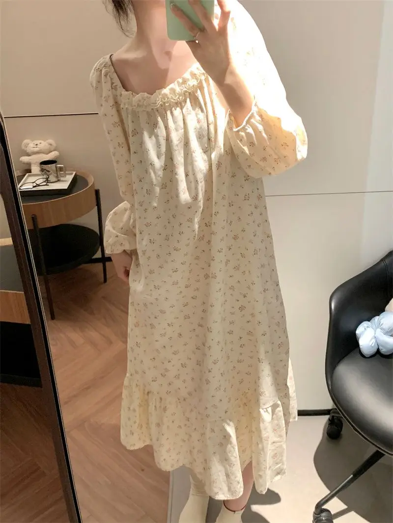 

Sweet Pink Floral Print Sleepwear Set Long Sleeve Long Pants Home Clothes Outwear Lace Trim Comfortable Cloud Cotton Youth Size