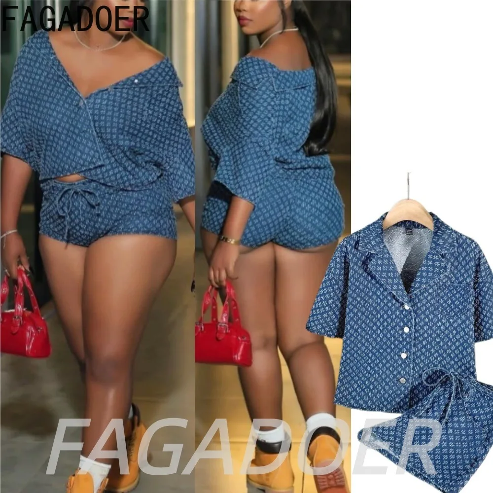 

FAGADOER Fashion Denim Shorts 2 Pcs Sets for Women Streetwear Short Sleeve Loose Top + Waist Lace-up Shorts Outfits Casual Suits