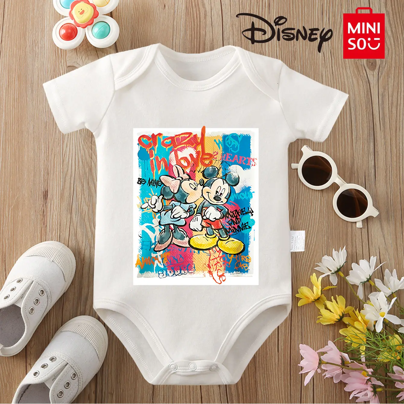 

MINISO Print Pure Cotton Bodysuit Soft Mickey Mouse Baby Cloths Best Gift for Baby Onesie Jumpsuit for 0 To 12 Months Newborn