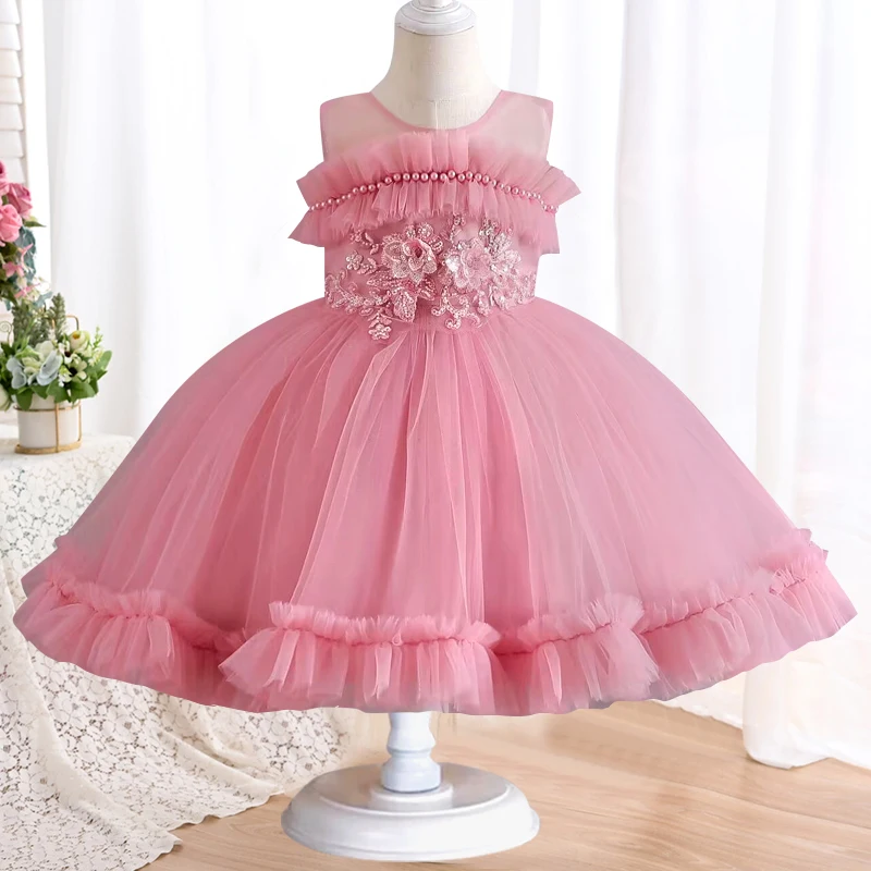 New 0-6 Years Old Mesh Dress Floral Children Wedding Dress Party Dress First Christmas Gift Halloween Girl Princess Dress