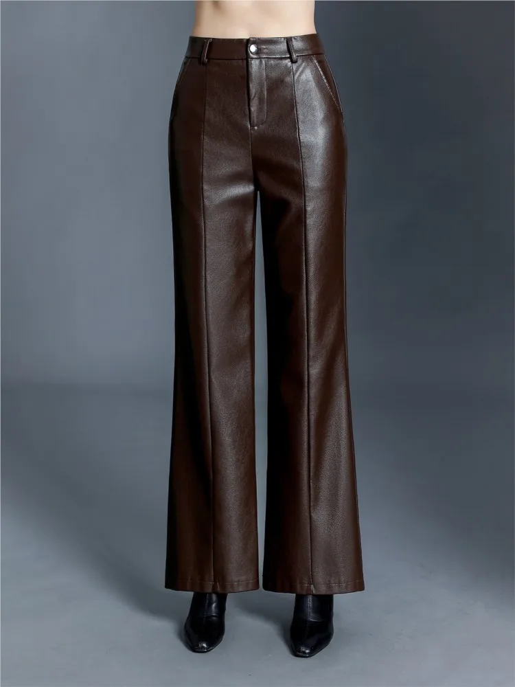 

ZUZK женские зимние длинные брюки из искусственной кожи, новые расклешенные брюки с высокой талией, тонкие брюки из искусственной кожи, модные теплые брюки большого размера