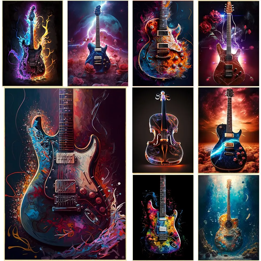 Abstract Neon Guitar Canvas Art  Vibrant Musical Instrument Wall Poster for Home  Bar Decor