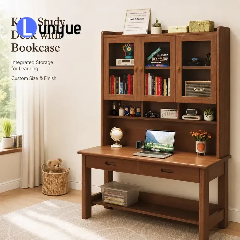 Modern Durable Dark Wood Grain Student Study Desk with 3 Glass Door Bookcase Hutch 2 Drawers Lower Shelf for Bedroom Office