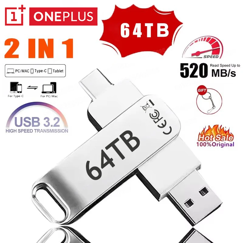 OnePlus 64TB Flash Drives USB 3.2 HighSpeed USB Transfer Metal Pendrive Memory Card Pendrive Flash Disk Memoria Waterproof Stick