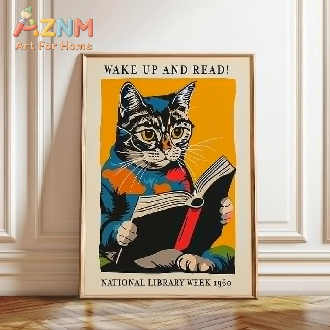 AZNM Wake Up And Read Cat Reading Book Canvas Wall Art Retro National Library Week Vintage Frameless Print Poster for Home Decor