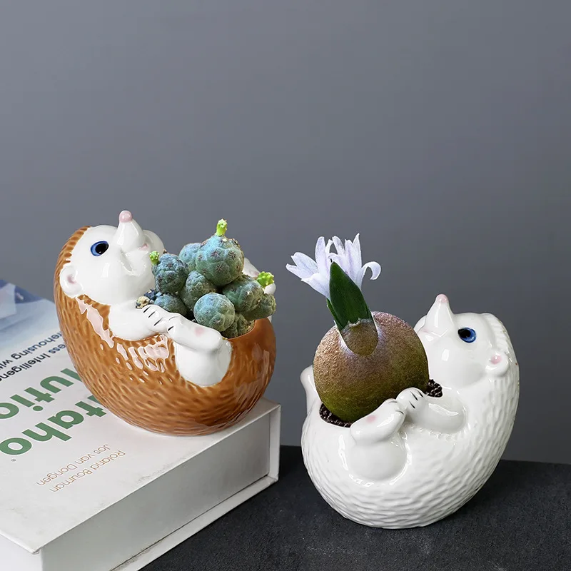 Handmade Hedgehog Animal Ceramic Flower Pot Succulent Planter Mini Cactus Bonsai Desktop Tabletop Home Office Decor Gift
