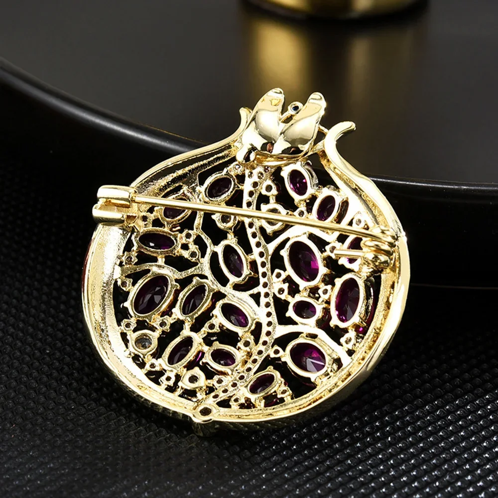 Lovely Purple Pomegranate Brooch Rhinestones Fruit Pins for Girls Women Party Clothing Suit Coat Scarf Accessories Jewelry Gifts