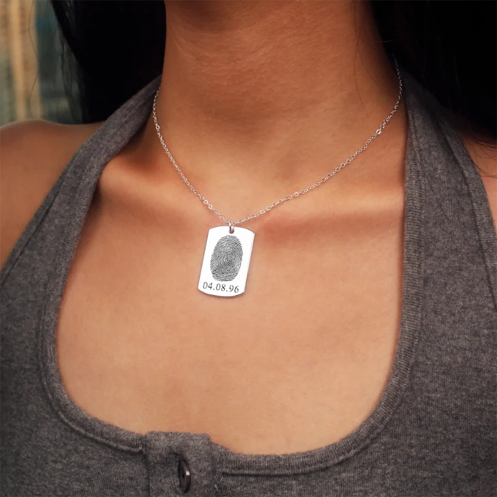 قلادة مخصصة بصمة للرجال والنساء ، الفولاذ المقاوم للصدأ ، لوحة معدنية مربعة ، قلادة التاريخ ، هدية الذكرى #4