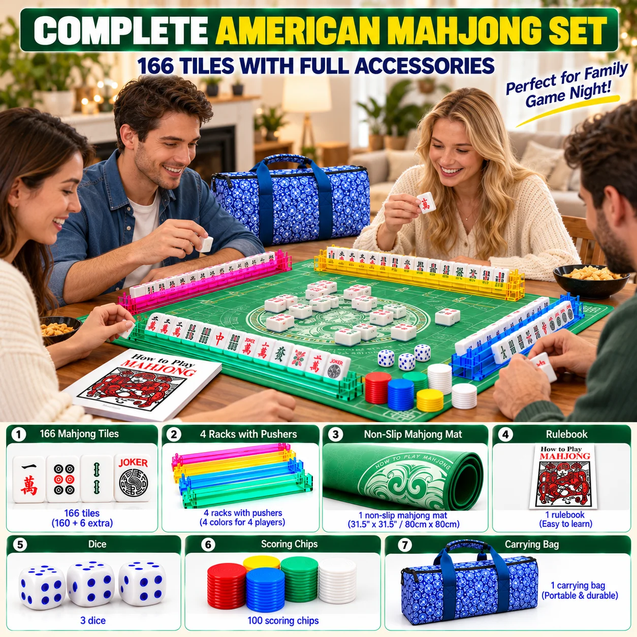 American Mahjong Set with 166 White Melamine Tiles 4 Racks with Pushers Rubber Playing Mat Blue Carrying Bag Dice Scoring Chips and Instruction Manual for Adults Family Gatherings Traditional American Mahjong Tabletop Play at Home or While Traveling
