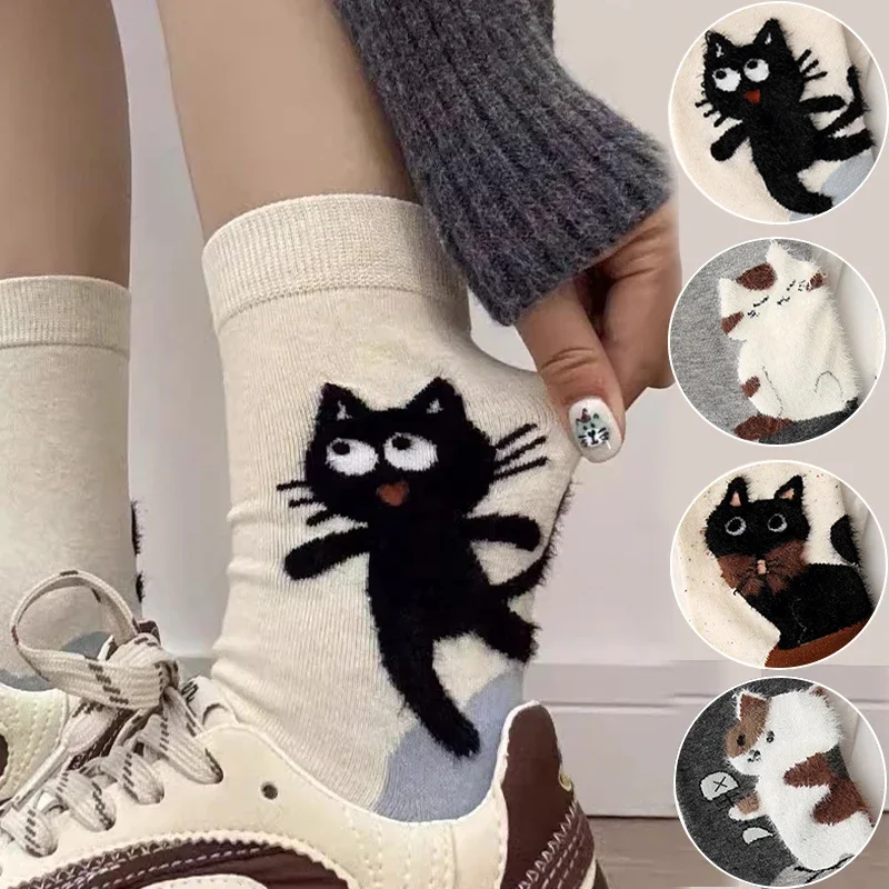 موضة جوارب قطنية للنساء الفتيات الخريف الشتاء الدافئة الكرتون القط نمط منتصف جوارب أنبوبية 2026 جديد شعبي السببية الجوارب القصيرة