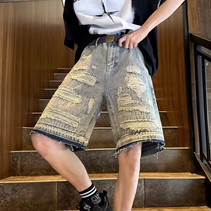 

Summer Style High Street Distressed Shorts Men'S-Hop Loose Light Blue Personality Straight Shorts