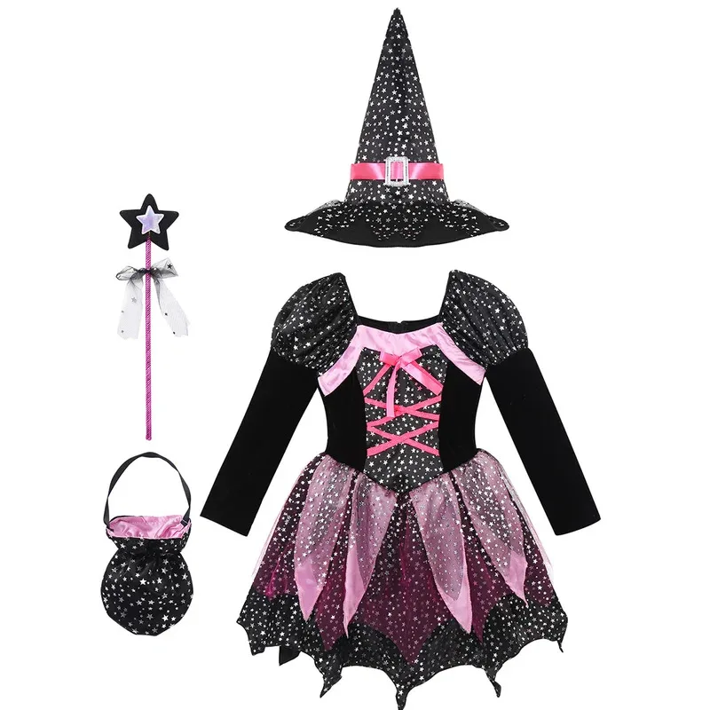 2025 fiesta festiva de Halloween chica Cosplay bruja rosa manga larga ropa bonita clásica + sombrero + palo mágico + bolsa de calabaza conjunto 1mn